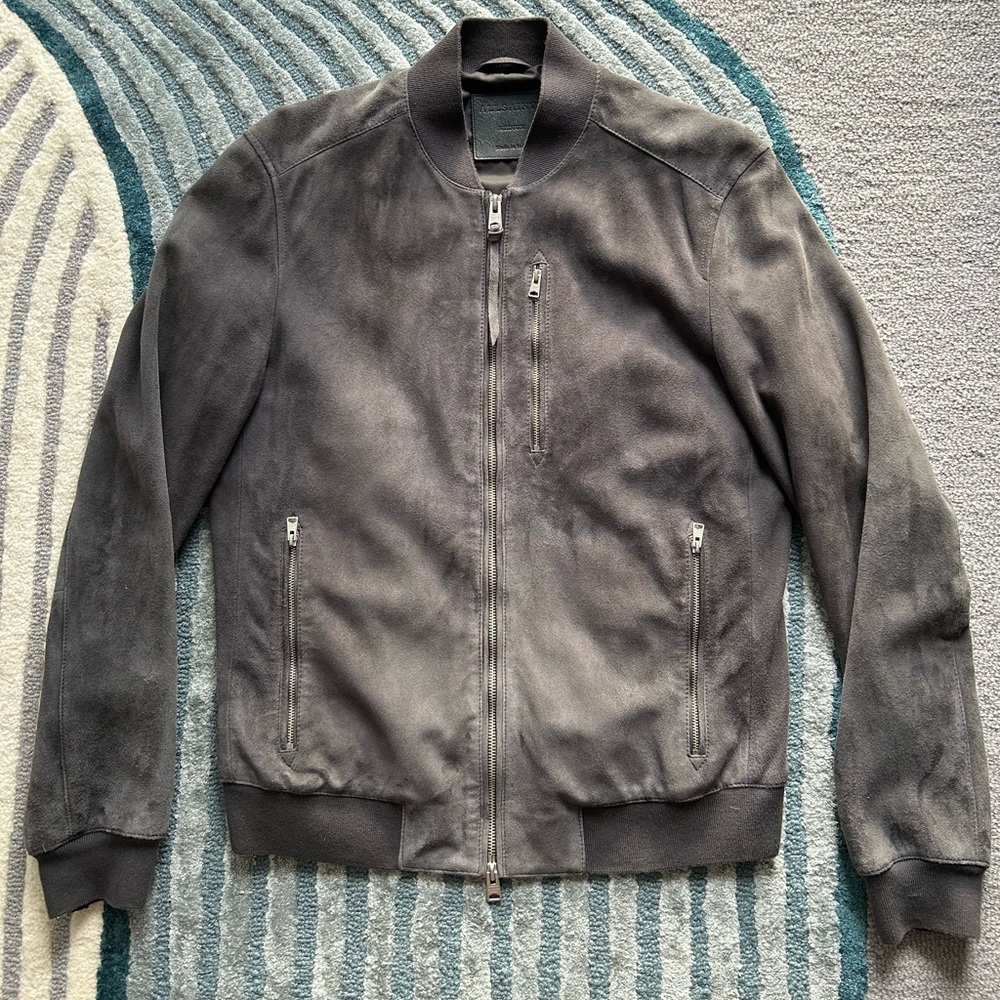 All Saints Kemble Bomber Jacket in Slate Gray Suede (M)